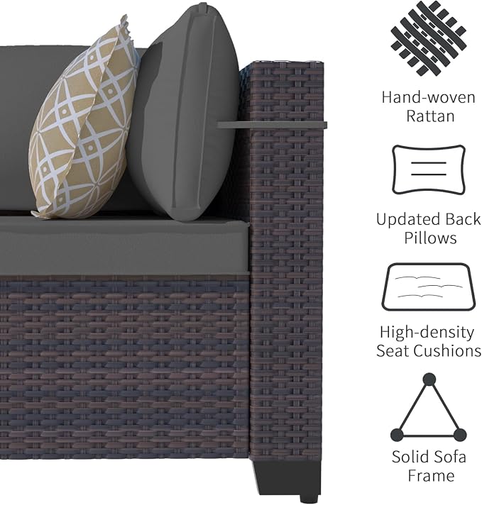 Outdoor Terrace Furniture Set, 8 Piece Outdoor Furniture Set, with 43 inch Aluminum 55000 BTU Propane fire Pit, PE Willow Vine Terrace Dialogue Set - Grey.