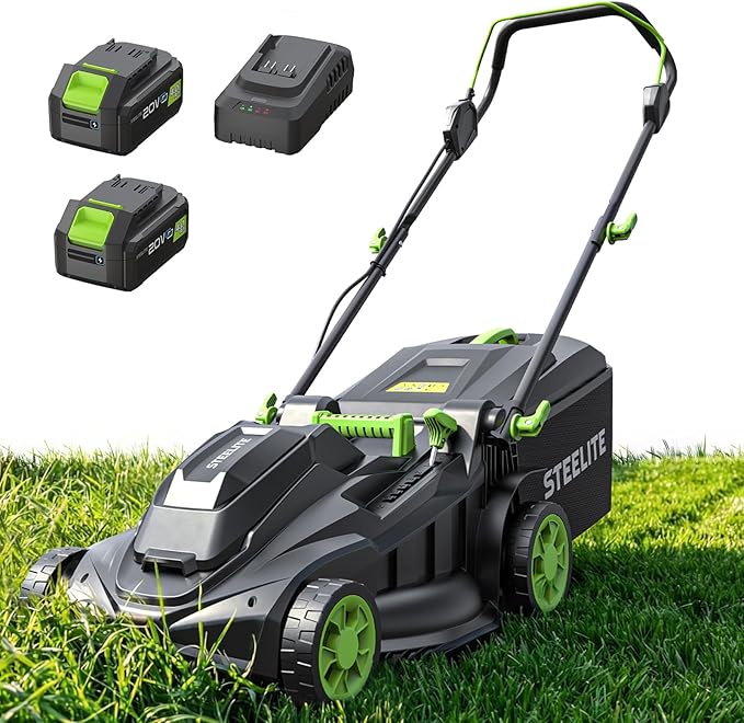 STEELITE 40V 17 Inch Brushless Electric Lawn Mower, Adjustable Cutting Heights Cordless Lawn Mower, 2-in-1 Bagging Mulching Lawn Care Tool, Powered by 2 Rechargeable 4.0Ah Batteries with Charger,Green