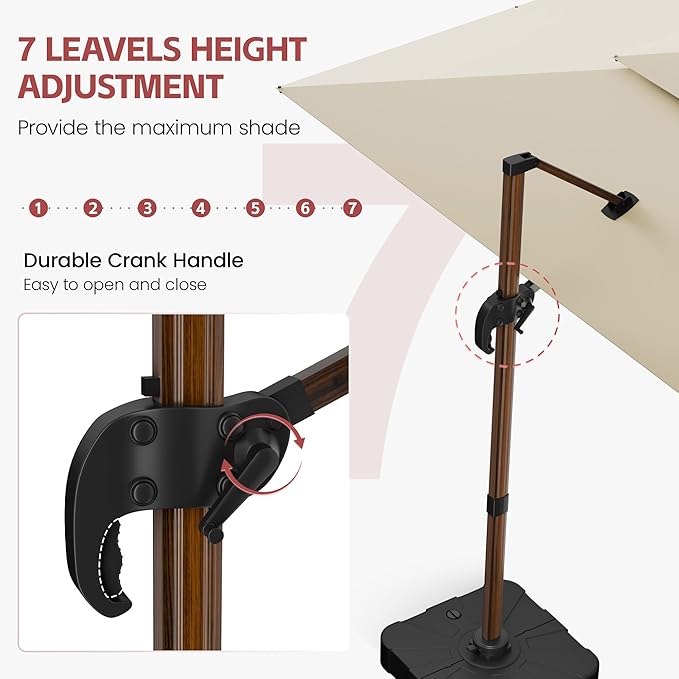 GENTEACO 10x13FT Rectangle Cantilever Patio Umbrella w/Base Included, Deluxe Wood Pattern Pole & 7 Angle Tilts, 360° Rotation, Offset Hanging Market Umbrellas for Garden Pool Patio, Beige