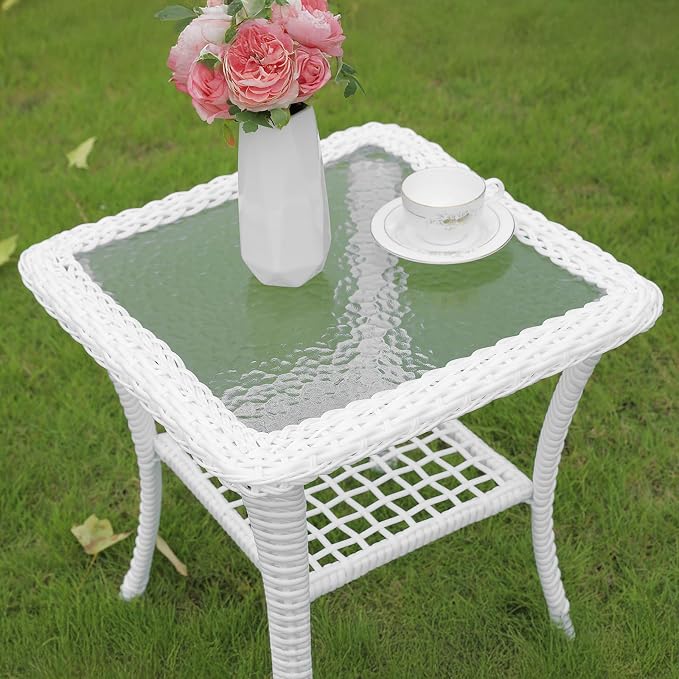 MEETWARM Wicker Outdoor Side Table, All-Weather Patio Rattan Side Table with Tempered Glass Top and Storage Shelf, Small Patio End Table for Outside Indoor Outdoor Balcony Porch Deck, White