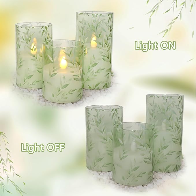 Glass Flameless Candles Green Decor Willow Leaves Vines Greenery Battery Operated LED Pillar Candles for Elegant Home Botanical Decor Special Occasions, Set of 3