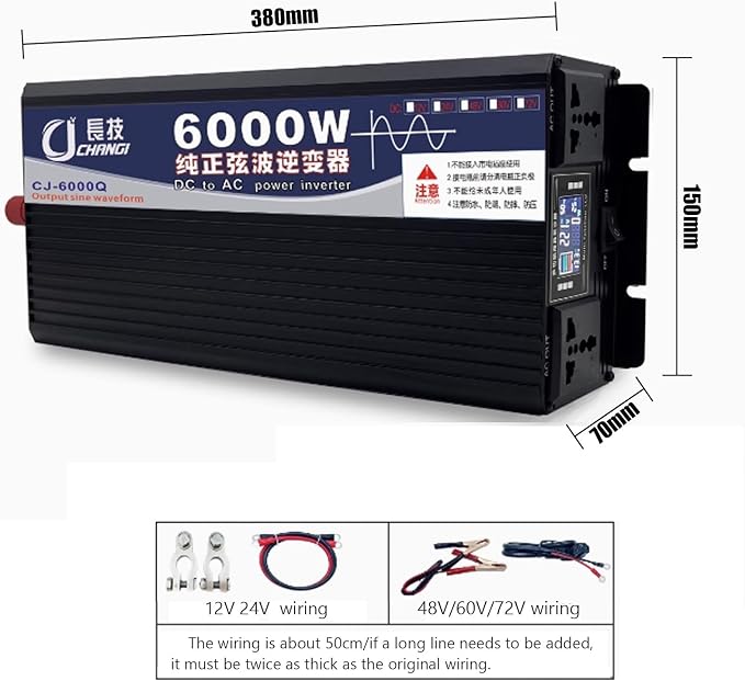 Pure Sine Wave Inverter 3500W/5000W/6000W/8000W/10000W/12000W Solar Power Inverter 12V 24V 48V 60V 72V DC to 110V 120V/220V 230V 240V AC Car Voltage Converter Transformer for Home RV(6000W,48Vto220V)