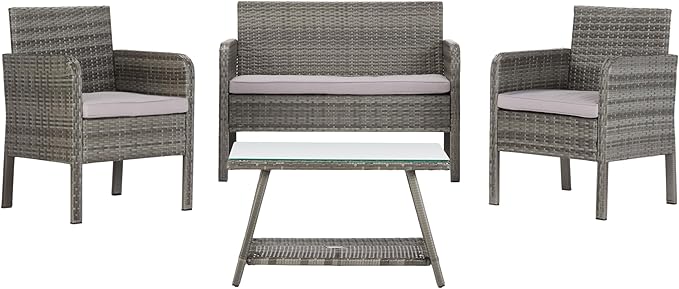 SAFAVIEH PAT7505B Collection Aboka Grey 4-Piece Outdoor Living Patio Set