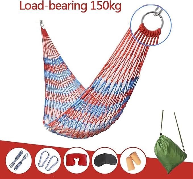Camping Hammock, Garden Hammock Outdoor Cotton Hammock with Metal Ring，Portable Carry Bag and Hanging Straps for Patio Yard Beach Camping(Rojo)