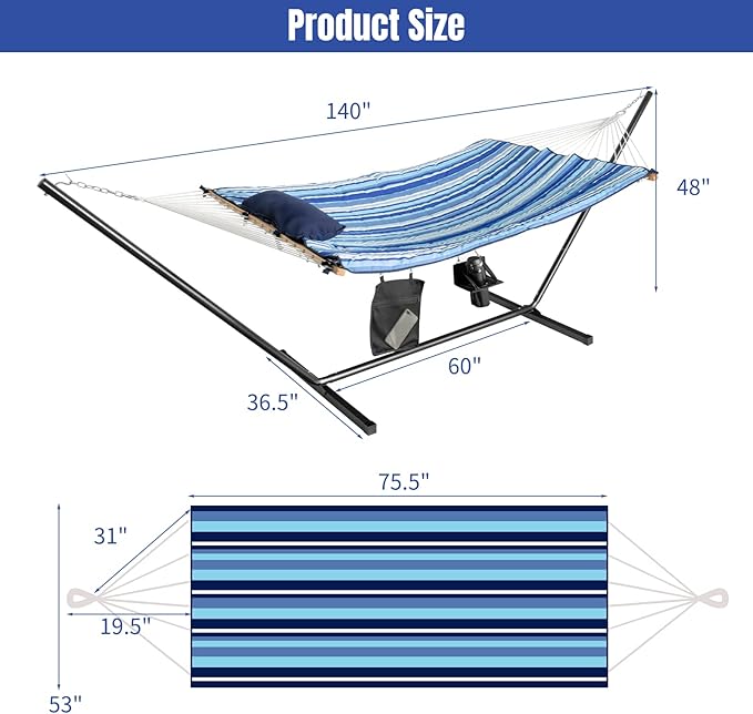 Tangkula Double Hammock with Stand, 2 Person 12Ft Steel Hammock Stand with Cotton Hammock, Pillow, Cup Holder, Carry Bag, Indoor Outdoor Hammock Combo for Backyard, Patio, Porch