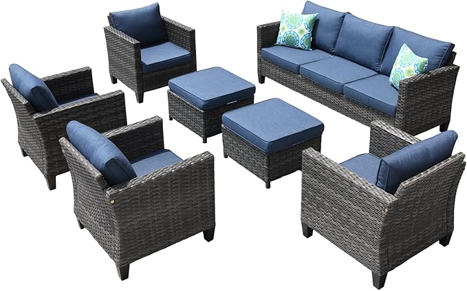HOOOWOOO 7-Piece Patio Furniture Set–Stylish,Comfortable Outdoor Rattan Sofa Set with 4 Chairs,2 Ottoamns,Weather-Resistant Patio Conversation Set for Deck,Garden,Balcony (Denim Blue)