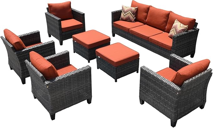 HOOOWOOO 7-Piece Patio Furniture Set–Stylish,Comfortable Outdoor Rattan Sofa Set with 4 Chairs,2 Ottoamns,Weather-Resistant Patio Conversation Set for Deck,Garden,Balcony (Orange Red)