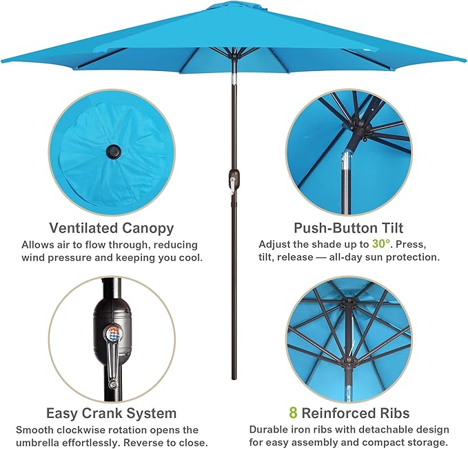 Blissun 10FT Outdoor Patio Umbrella, Outdoor Table Umbrella, Yard Umbrella, Market Umbrella with 8 Sturdy Ribs, Push Button Tilt and Crank