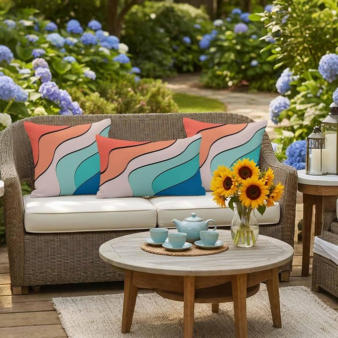Orange Teal Ombre Outdoor Pillow Covers 18x18 Inch Throw Pillow Covers Set of 2 Waterproof Decorative Pillow Cases Modern Moire Abstract Art Cushion Covers for Patio Furniture Garden Couch Sofa