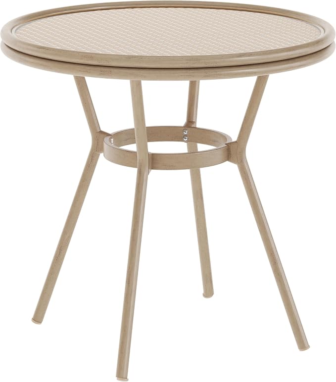 Flash Furniture Lourdes Indoor/Outdoor Commercial Bistro Table - Tempered Glass Top - PE Rattan - Lt NAT Bamboo Print Aluminum Frame - 31.5" - NAT/White