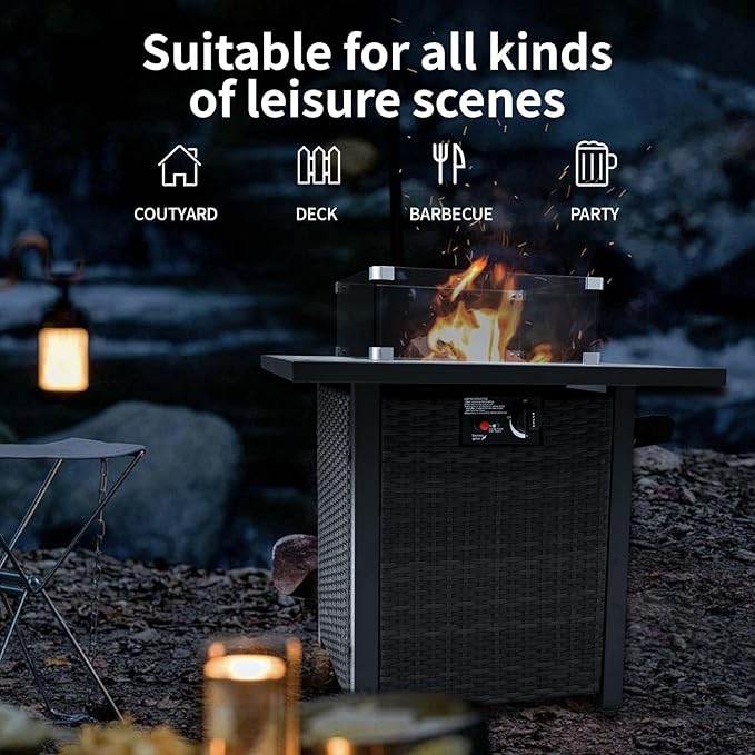 Propane Outdoor Fire Pit Table, 28" Rattan Square Fire Pit Table, Outdoor Gas FirePit W/Glass Wind Guard, Fire Pit Table top With Lid, CSA Listed, 50,000 BTU, Outside Patio Deck & Garden, Brown