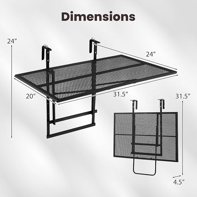 Giantex Balcony Railing Table, 31.5" Large Metal Folding Bar Table with 5-Position Adjustable Height, Heavy Duty Outdoor Hanging Breakfast Table Adapts Various Railings for Porch, Patio, Deck, Black