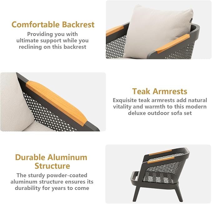 2 Pieces Patio Furniture Set Outdoor Sectional Sofas Patio Couch Aluminum Sofa Set with Thick Cushions & Teak Armrests, Grey