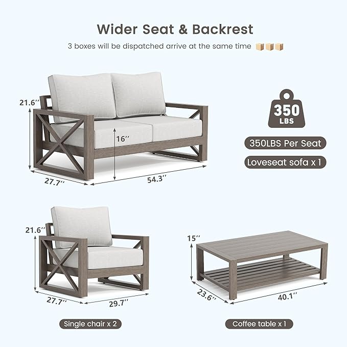 UDPATIO 4 Piece Faux Wood Aluminum Patio Furniture Set Modern Patio Conversation Set with Coffee Table for Balcony, Backyard, Deck, 600D Waterproof Furniture Cover Included, Light Grey