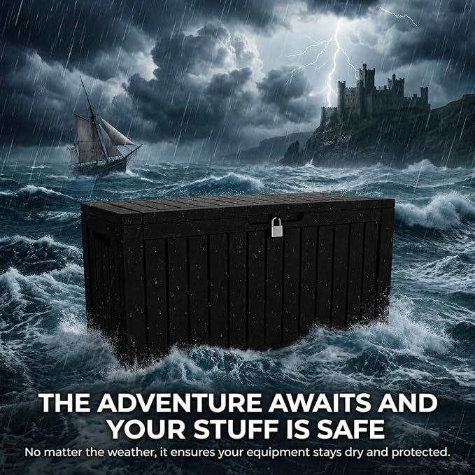 LAUSAINT HOME 230 Gallon XXL Outdoor Deck Box, Waterproof Resin Storage Box Bench with Lock, Large Patio Cushion Storage, Garden Tool Organizer, Pool Storage Container, 3-Person Seat, Black