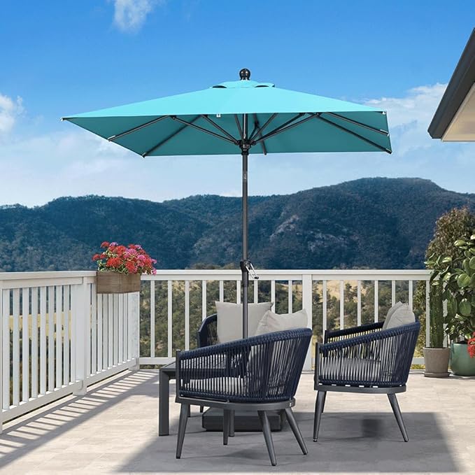 PURPLE LEAF 6.5' x 6.5' Square Patio Market Umbrella with Base Outdoor Table Umbrellas Aluminum Frame Sun Shade with 8 Sturdy Ribs Tilt for Garden Deck Lawn Pool Turquoise Blue