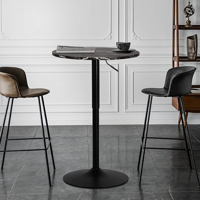 MoNiBloom Round High Top Table, 27.5"- 36" Height-Adjustable Bar Table with Black Marble Texture Top and Black Base, 360° Swivel Cocktail Bar Table Modern Style for Home Kitchen Balcony