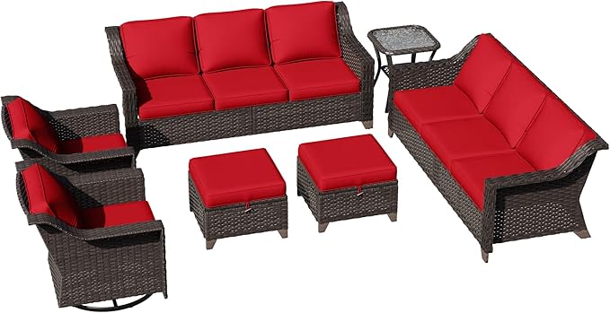 7 Pieces Patio Conversation Furniture Set - 2 Sofas, 2 Ottomans, 2 Swivel Chairs, 1 Side Table, Outdoor Wicker Furniture with Removable Cushions for Porch, Balcony, Sunroom (Red)