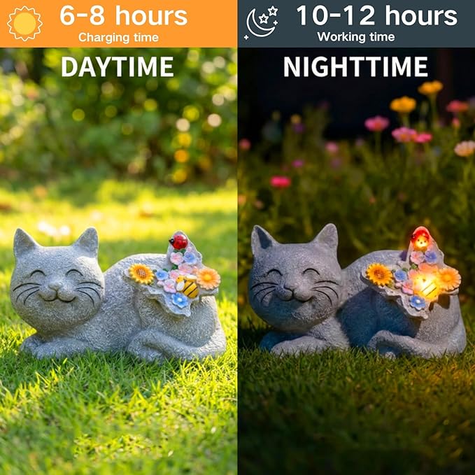 Solar Cat Garden Statue with LED Lights, Waterproof Resin Outdoor Cat Decor, Patio Lawn Yard Ornament, Unique Gifts for Women Mom