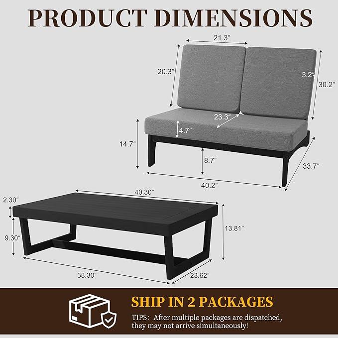 UIXE 2 Pieces All Weather Wood Patio Furniture Sets, Patio Loveseat Outdoor Sofa with Solid Wooden Coffee Table, Black Teak - Gray