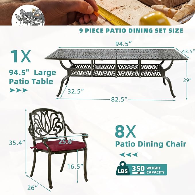 MEETWARM 9-Piece Outdoor Patio Dining Set for 8, All Weather Cast Aluminum Patio Funiture Table and Chairs Set- 94.5” Rectangular Table and 8 Cushioned Chairs for Garden, 2" Umbrella Hole, Chili Red