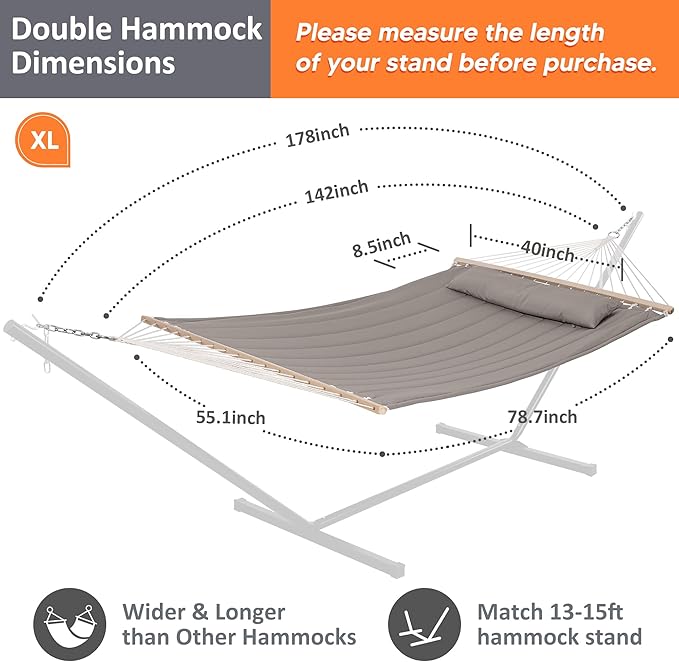 SUNCREAT Hammocks Replacement Hammock for Stand, 475 lbs Capacity, Two Person Backyard Hammock for Outside, Brown