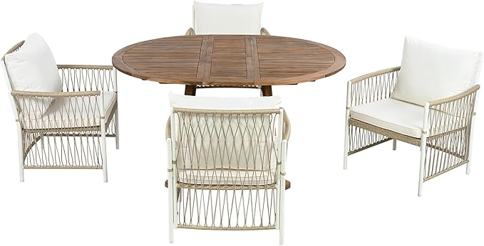 Merax Outdoor Dining Table Set, 5-Piece Outdoor Dining Table Sets with 4 Rattan Arm Chairs Patio Extendable Wooden Foldable Round Kitchen Table Set for Lawn, Deck, Backyard, Natural