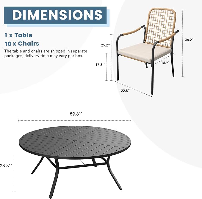 DIFY 11 Pieces Outdoor Dining Set, Metal Patio Table and Chairs Set for 10, 59.8" Round Dining Table with Umbrella Hole & Wicker Stackable Patio Chairs with Cushions, Black Tabletop