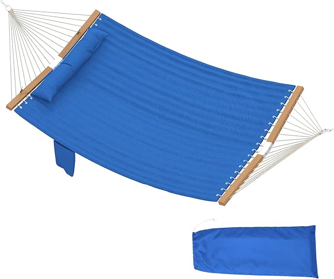 Outsunny Outdoor Hammock, 2-Person Hammock with Head Pillow and Pad, Wood Spreader Bars, 440 lbs Capacity, for Patio Yard Garden, 128" x 55", Navy Blue