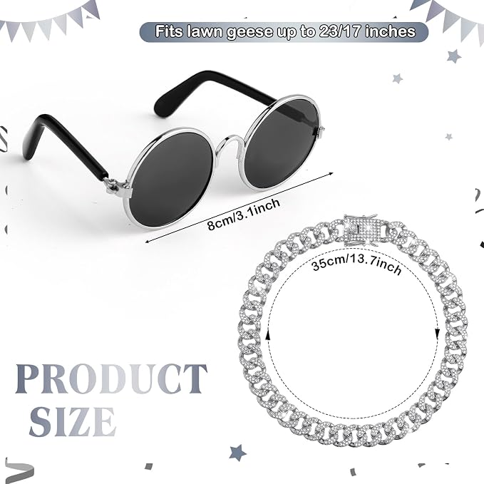 Shyyween Chain Collar and Sunglasses Porch Goose Outfits for Plastic Goose 23"/ 17'' Lawn Geese Statue Sunglasses Collar for Garden Geese Retro Pet Cosplay Party Yard(Silver,Rhinestone)