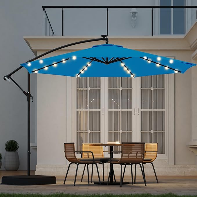EROMMY 10FT 40-LED Solar Lighted Patio Umbrella with Base Included, Outdoor Offset Cantilever Umbrella, Infinite Tilt, Crank and Cross Base, UV Protection for Backyard, Lawn, Garden & Pool