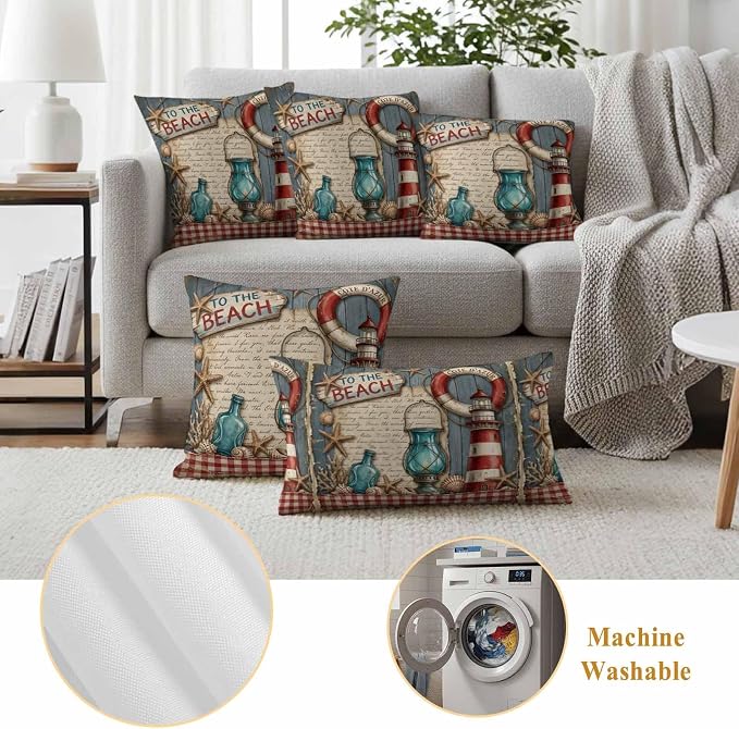 Outdoor Pillow Covers Set of 2, Vintage Nautical Lighthouse on Wooden Decorative Throw Pillow Covers 20X12IN, to The Beach Quote Throw Pillows Protector Cushion Case for Patio,Couch,Sofa,Garden