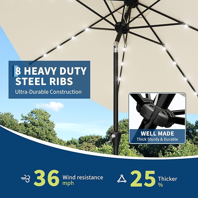 Garvee 10FT Solar Patio Umbrella with 32 LED Lights - Outdoor Table Umbrella with Crank Lift, Push Button Tilt and 8 Sturdy Ribs - Market Umbrella UV Protection for Pool, Deck, Yard, Garden -Beige