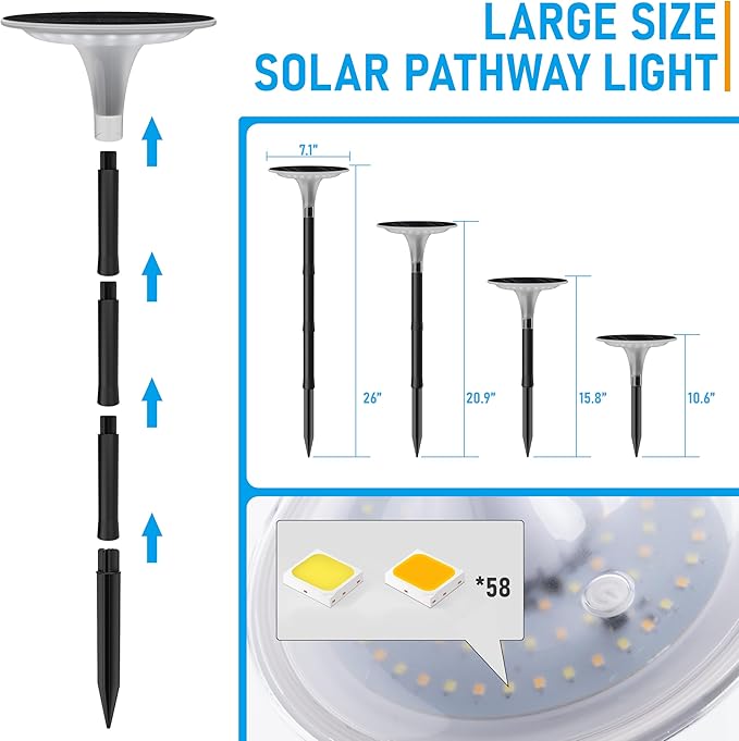 JOFIOS Solar Pathway Lights 8 Pack, 3 Color Modes, 200LM 58 LEDs Bright Landscape Lighting, 2000mAh Battery 10H+ Runtime, IP65 Waterproof Modern Walkway Lights for Garden Yard Driveway