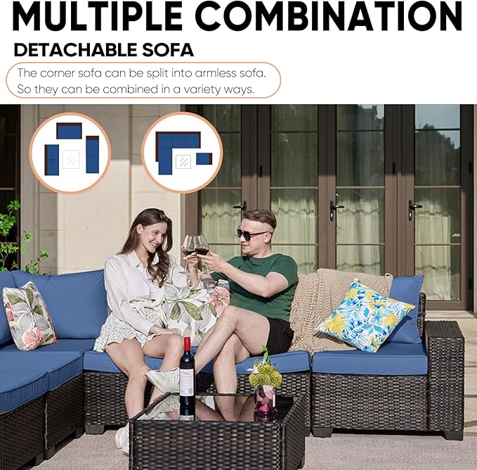 7 Pieces Patio Furniture Set,Wicker PE Rattan Outdoor Sectional with Cushion & Coffee Table, Patio Conversation Sofa for Garden, Backyard, Poolside,Navy