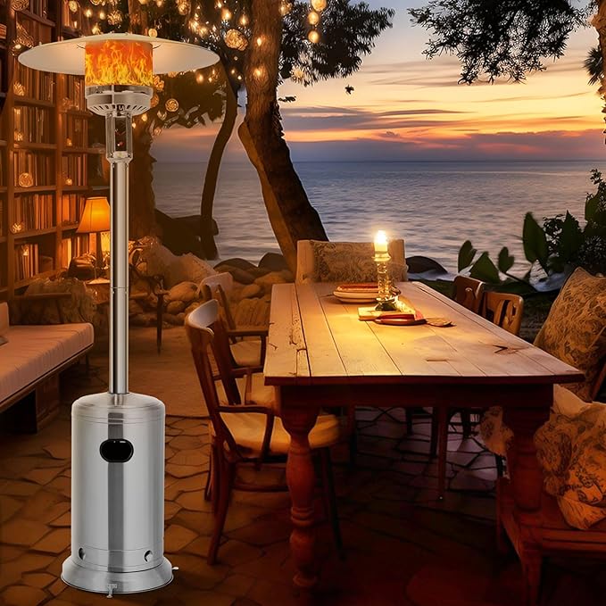 HAPPYGRILL Patio Heater, 48,000 BTU Outdoor Propane Heater with Wheels, Reflective Cover, Triple-Over Protection, Portable Stainless Steel Patio Heater for Outdoor Use, Garden