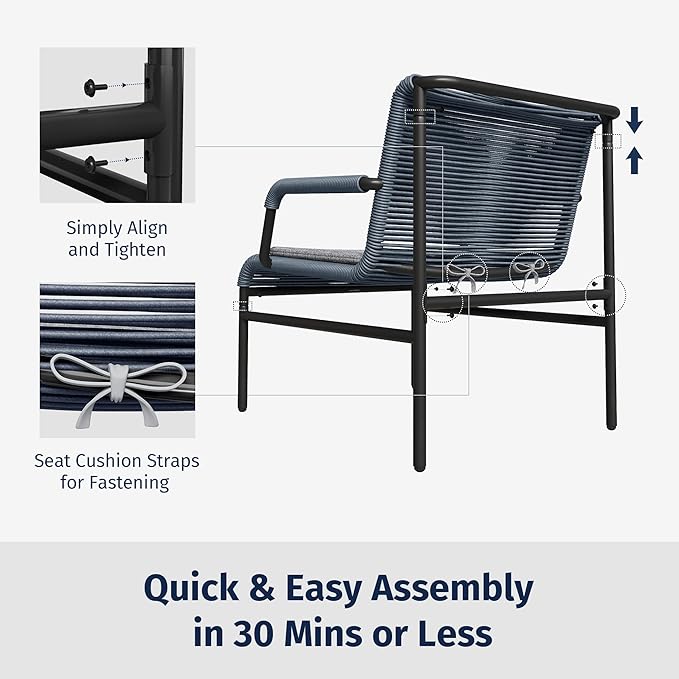 East Oak 3-Piece Patio Furniture Set, Outdoor Bistro Set with PE Rattan Wicker Wide Chairs, Soft Cushions & Coffee Table, Modern All-Weather Wicker Patio Set for Garden and Porch, Navy Blue