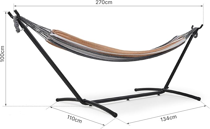 Mondeer Hammock with Stand, Double Fabric Camping Hammock with Metal Frame Carrying Bag up to 200kg for Camping Travel Patio Outdoor Garden, Yellow brown
