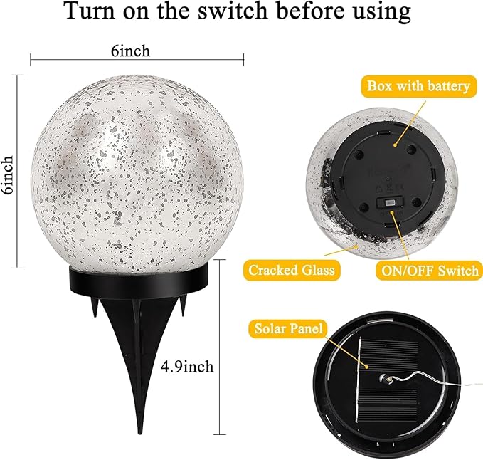 Solar Globe Lights Outdoor Waterproof, Cracked Glass Ball Orb Lights, Waterproof Globes for Garden Pathways, Patio Decor & Backyard Landscaping, Round Ornaments Orbs (Silver dots)