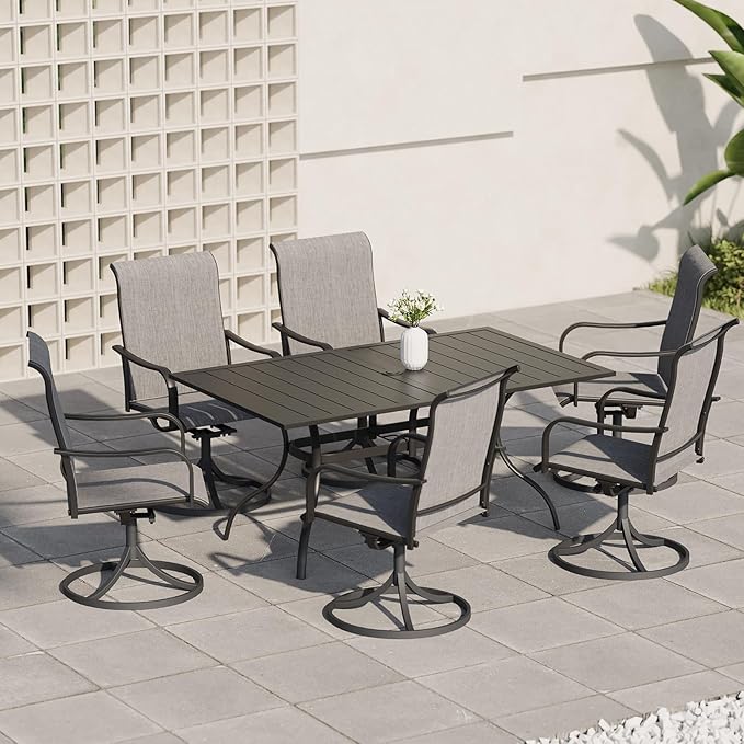 Anmutig 7-Piece Outdoor Dining 6 Swivel Chair and 63'' Rectangular Table with All Weather Frame for Backyard Front Porch Pool Deck Outdoor Furniture Set - Grey Style2