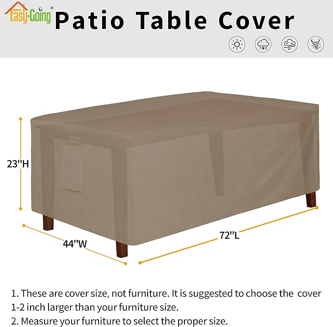 Easy-Going 600D Heavy Duty Rectangular Table Cover UV Resistant and Waterproof Outdoor Lawn Patio Furniture Cover (72" Lx44 Wx23 H, Camel)
