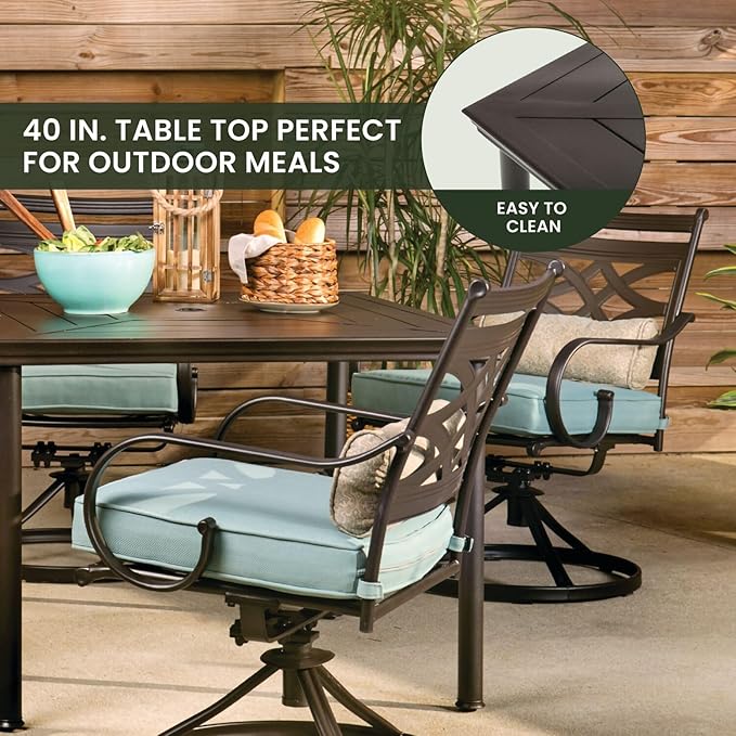 Hanover Montclair 5-Piece Outdoor Dining Set with Stamped Steel Square Dining Table and 4 Swivel Rocker Chairs with Cushions, Weather-Resistant Patio Dining Set for 4, Patio, Backyard, Deck