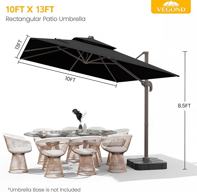 10x13 FT Patio Cantilever Umbrella (Base Not Included) (Base Not Included), Rectangular Heavy Duty Offset Umbrella for 8-10 People, 360°Rotation & Mult Tilt, Double Top Design, for Pool Garden Deck (Black)