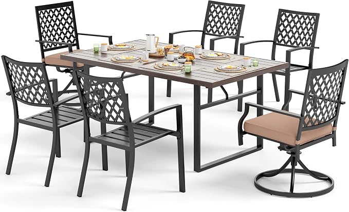 SUNSHINE VALLEY Patio Dining Set,Wood-Like Metal Table w/Umbrella Hole | 60x36 Metal Table&6 Pcs Rust-Proof Stackable Chairs, Outdoor Table and Chairs Set for Backyard Garden Deck