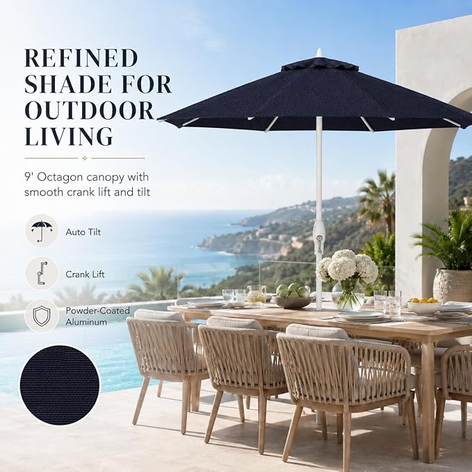 Treasure Garden 9ft Patio Umbrella - Outdoor Furniture Market Umbrella – Deluxe Auto-Tilt – White Aluminum Frame (Sunbrella, Navy)