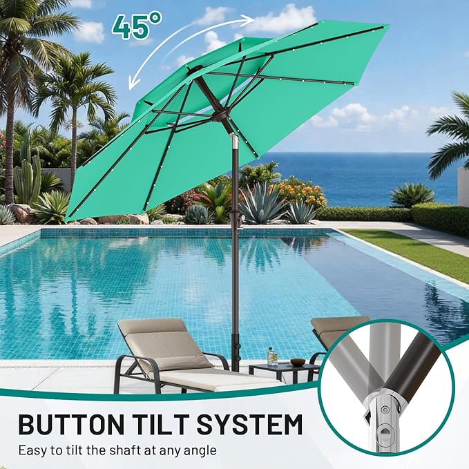 AreShark 9ft 2 Tiers Patio Umbrella with Solar Lights, Outdoor Umbrella w/ 32 LED Lights&8 Sturdy Ribs, Table Umbrella for Deck, Backyard, Pool(Turquoise)