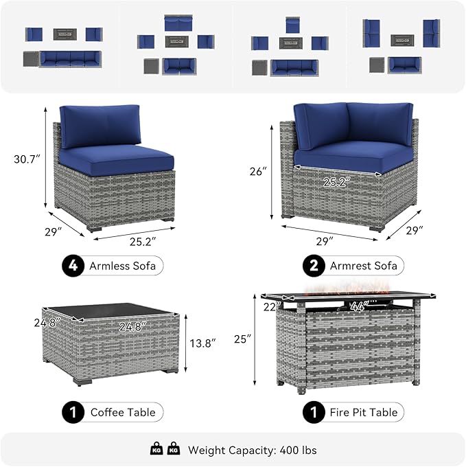 LazySunsets 8-Piece Patio Furniture Set with 44" Fire Pit Table, Wicker Outdoor Furniture, Patio Conversation Sets with Coffee Table, Outdoor Sectional Couch with Waterproof Cover, Blue