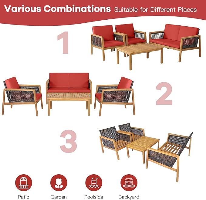 4 Pieces Outdoor Acacia Wood Furniture Set, Outdoor PE Wicker Conversation Set with Coffee Table and Soft Cushions, Outdoor Sofa Set for Garden, Poolside and Backyard (1, Red)