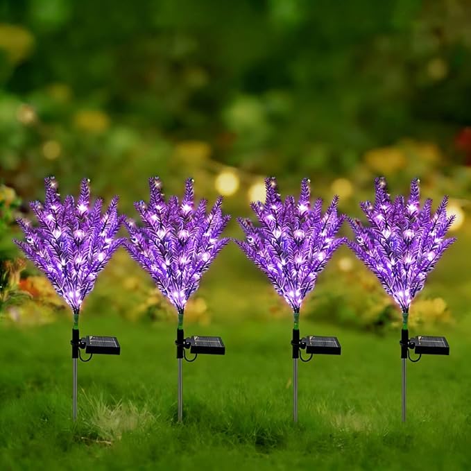 Lavender Solar Garden Lights, 4 Pack Outdoor Waterproof Artificial Flowers, Solar Powered Décor for Yard Pathway Patio Lawn, Halloween Thanksgiving Gifts (112-Light Purple LED)