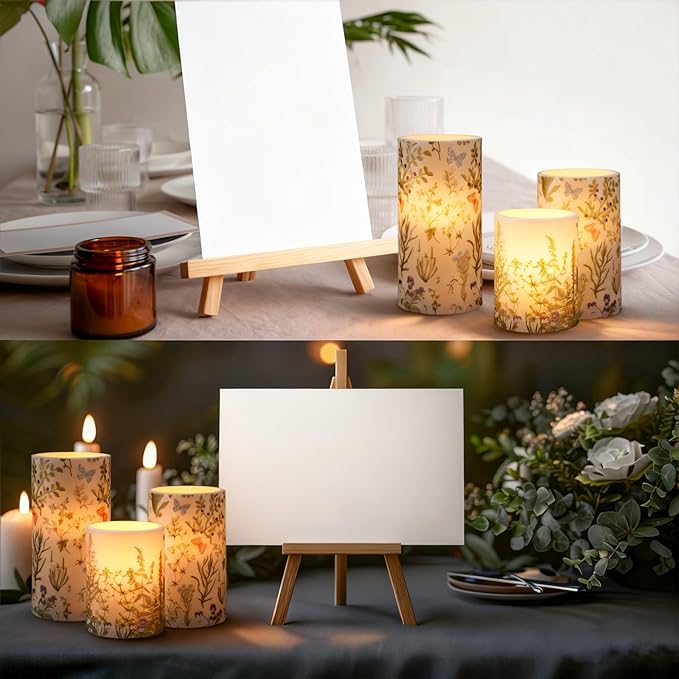 Baquler Wildflowers Floral Spring Glass Flameless Candles with Remote Timer Battery Operated LED Flickering Pillar Seasonal Summer Butterfly Dinner Holiday Decor